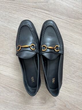 Zara Black real Leather Loafers with Gold Buckle Detail